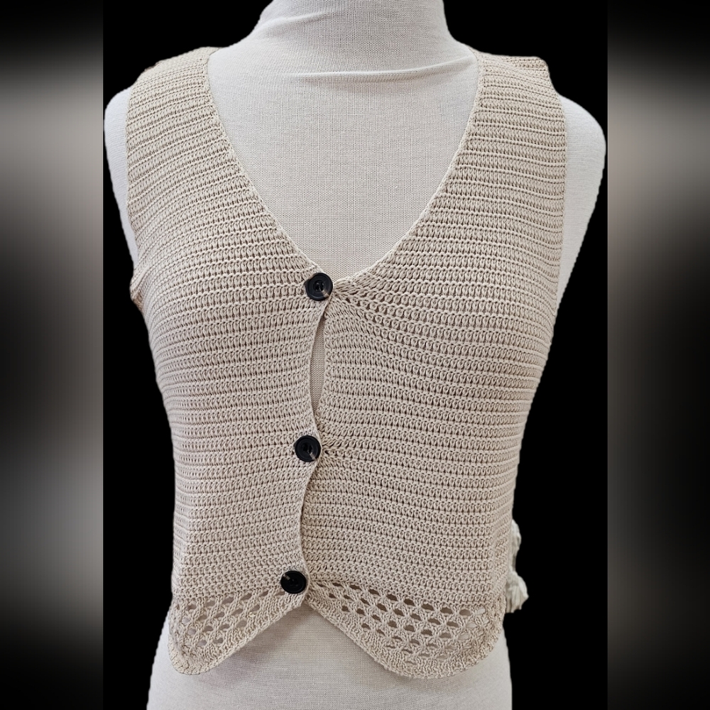 Beige Crochet Button-Up Vest